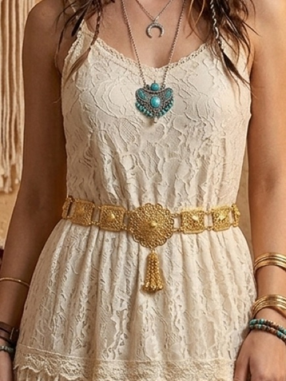 Boho Gold Filigree Flower Link Waist Chain Belt Medallion Tassel NEW!